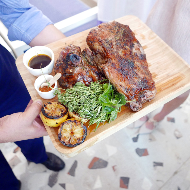 FORNO ROASTED WHOLE LEG OF LAMB 89: marinated with oregano and lemon. Carved in the kitchen and served with natural drippings.