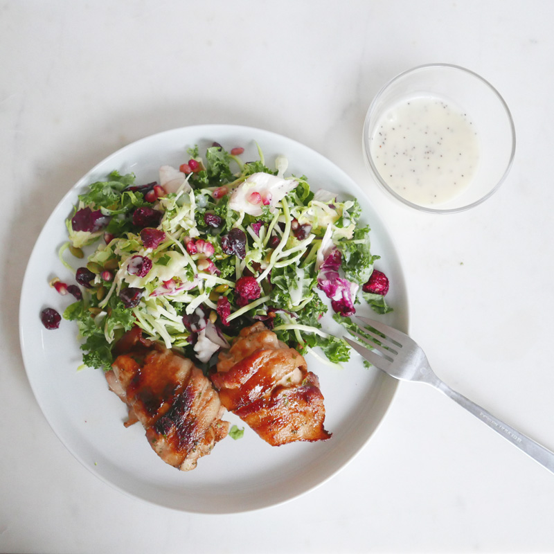 BACON WRAPPED TURKEY THIGHS FRISEE SALAD POPPYSEED DRESSING NOMSS.COM CANADA FOOD BLOG #turkeyrecipes #baconrecipes #ketorecipes #instamomss #friseesalad #saladdressingrecipe #turkeythighs