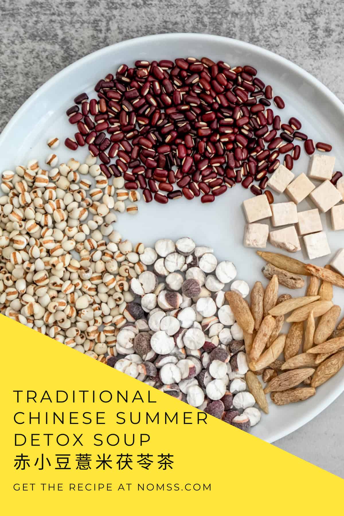 San Fu Period soup ingredients - adzuki beans, Job's tears, Poria mushroom and Mai Dong arranged on wooden table