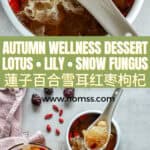 Autumn dryness relief TCM lotus seed lily snow fungus dessert in ceramic bowl for seasonal wellness