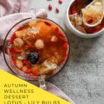 Autumn dryness relief TCM lotus seed lily snow fungus dessert in ceramic bowl for seasonal wellness