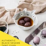 Black sesame tang yuan glutinous rice balls in ceramic bowls with warm ginger broth for Mid-Autumn Festival