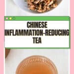 Pouring hot water over chrysanthemum and honeysuckle flowers in glass teapot showing golden tea color