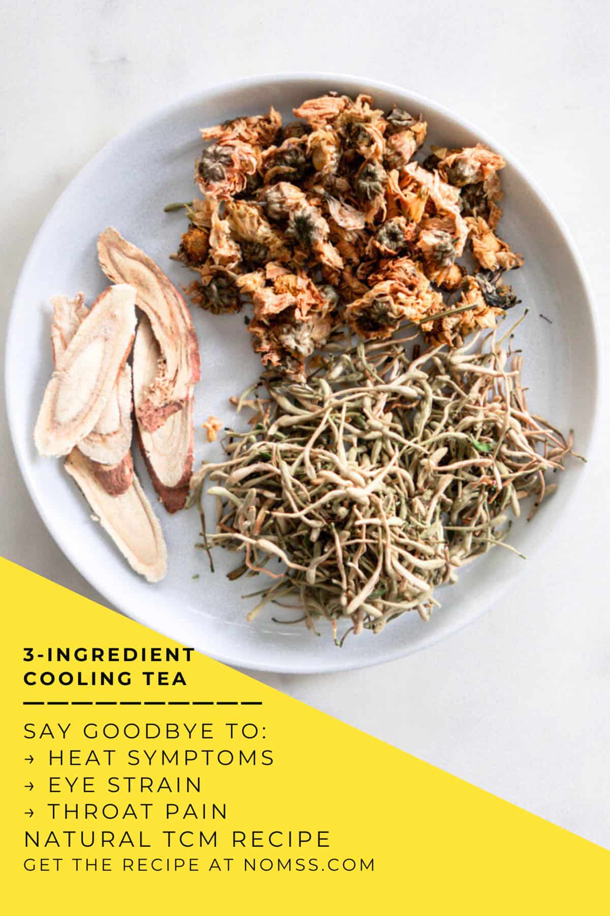 Chrysanthemum honeysuckle tea recipe ingredients arranged with measuring spoons and Chinese tea set