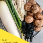 Kombu seaweed strip daikon radish and silken tofu ingredients for Japanese miso soup