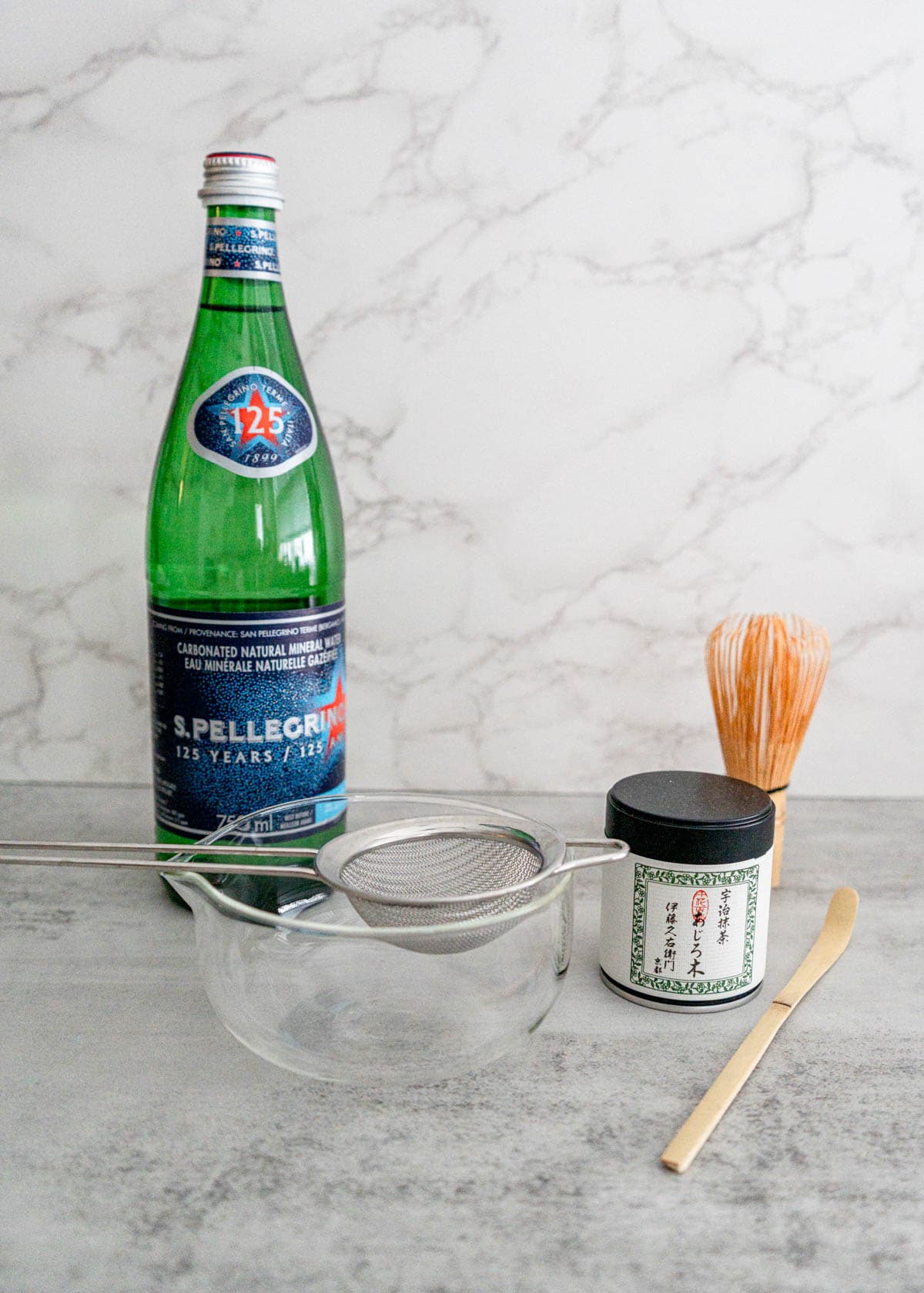 Matcha powder and San Pellegrino sparkling water ingredients for easy recipe
