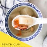 Finished peach gum dessert soup in white AND BLUE bowl showing gelatinous texture