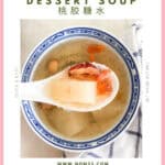 Finished peach gum dessert soup in white AND BLUE bowl showing gelatinous texture