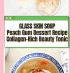 Finished peach gum dessert soup in white AND BLUE bowl showing gelatinous texture