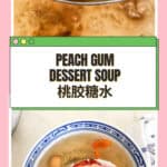 Finished peach gum dessert soup in white AND BLUE bowl showing gelatinous texture