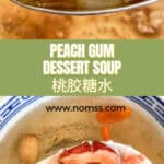 Finished peach gum dessert soup in white AND BLUE bowl showing gelatinous texture