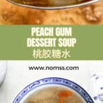 Finished peach gum dessert soup in white AND BLUE bowl showing gelatinous texture