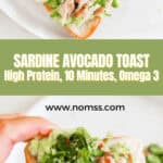 Sardine avocado toast on a plate with fresh cilantro and lemon wedges