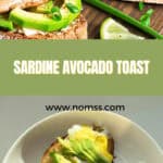 Sardine avocado toast on a plate with fresh cilantro and lemon wedges