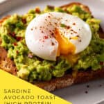 Close up of sardine avocado toast garnished with cilantro and lemon juice