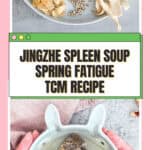 Golden TCM spring dampness soup broth poured into bowl showing hairy fig and Job's tears spleen health recipe