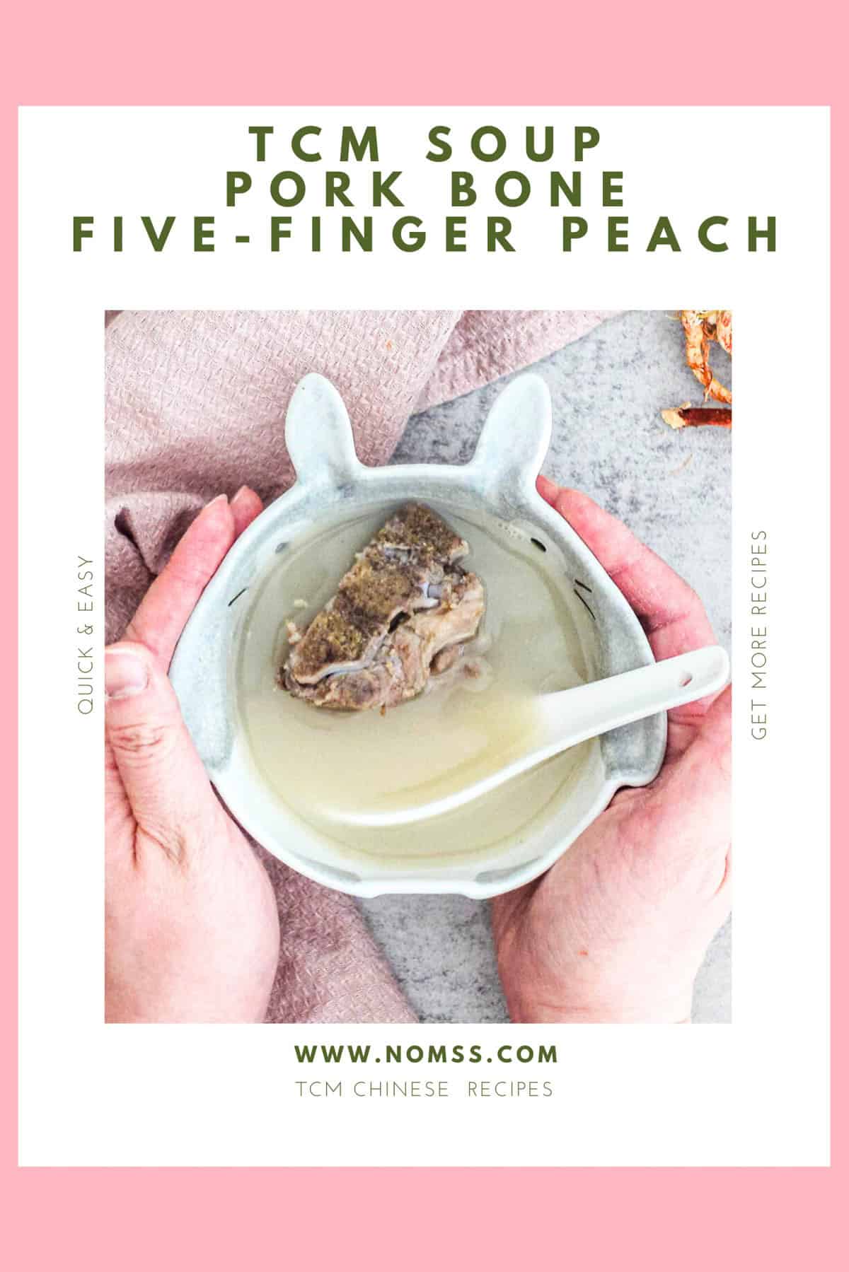 Cantonese spring dampness spleen soup 健脾去濕湯 with pork bones and five-finger peach served in white ceramic bowl
