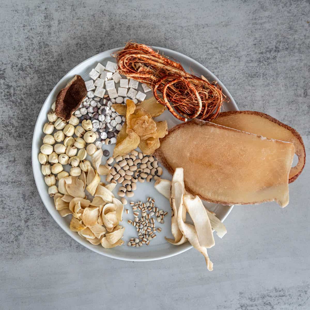 TCM spring dampness soup ingredients including hairy fig Job's tears poria lotus seeds and dried conch on white plate