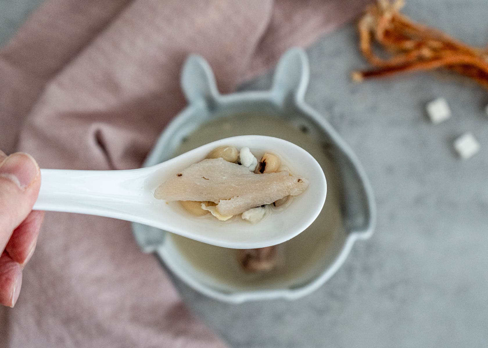 Cantonese spring dampness spleen soup 健脾去濕湯 with pork bones and five-finger peach served in white ceramic bowl