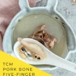 Cantonese spring dampness spleen soup 健脾去濕湯 with pork bones and five-finger peach served in white ceramic bowl