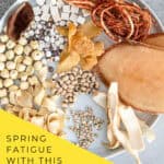 TCM spring dampness soup ingredients including hairy fig Job's tears poria lotus seeds and dried conch on wooden board