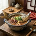 Classical TCM adzuki bean and carp soup 赤小豆鲤鱼汤 simmering in a clay pot, inspired by He Suye's red bean prescription in The Best Thing 爱你 cdrama, recipe on nomss.com