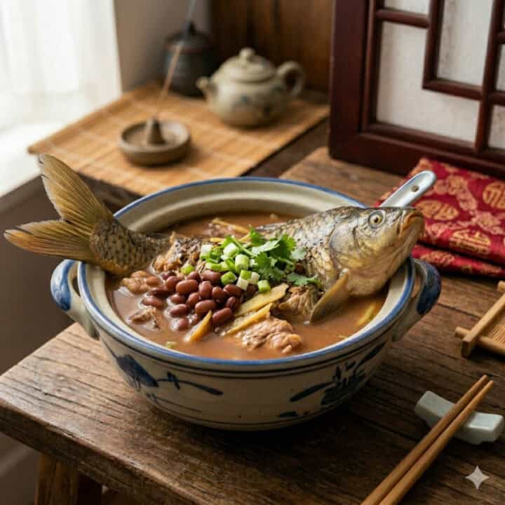Classical TCM adzuki bean and carp soup 赤小豆鲤鱼汤 simmering in a clay pot, inspired by He Suye's red bean prescription in The Best Thing 爱你 cdrama, recipe on nomss.com