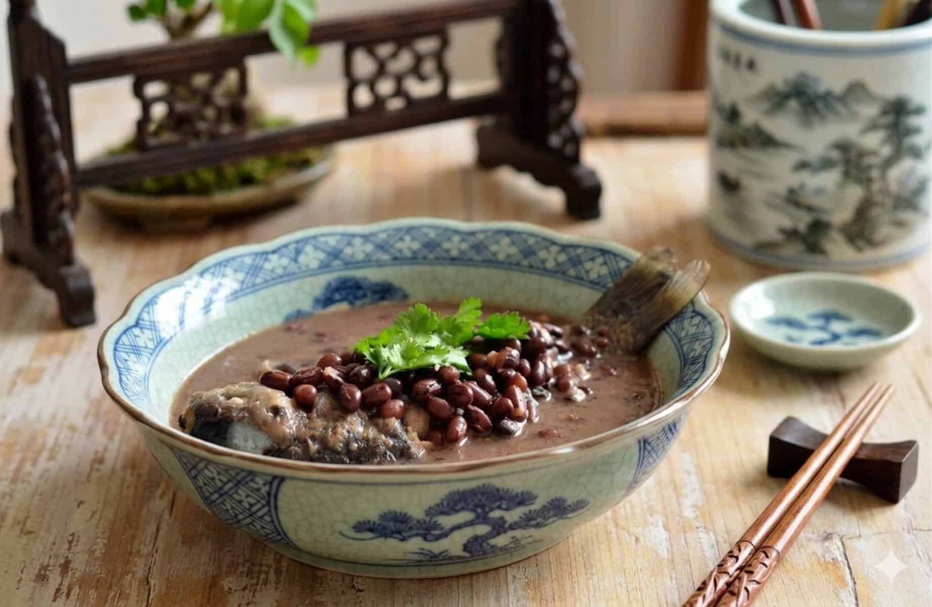 Classical TCM adzuki bean and carp soup 赤小豆鲤鱼汤 simmering in a clay pot, inspired by He Suye's red bean prescription in The Best Thing 爱你 cdrama, recipe on nomss.com