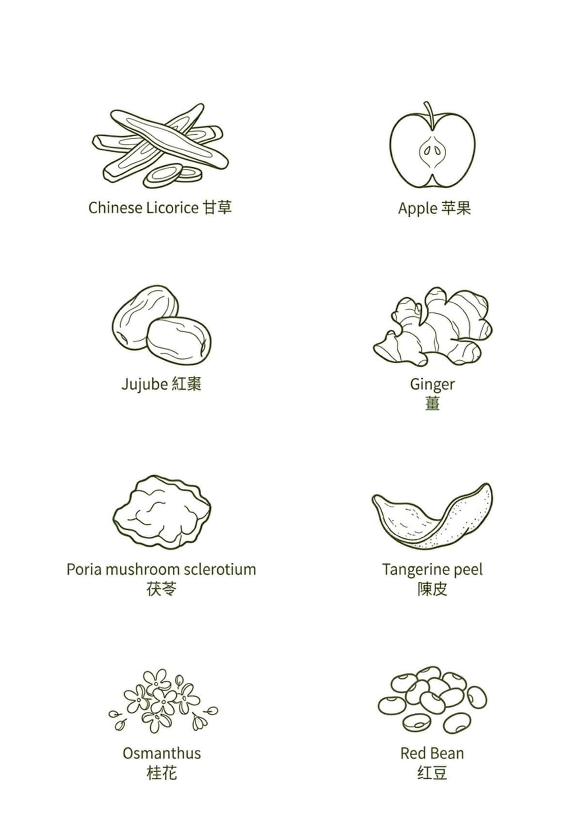Dried jujube red dates, goji berries, fresh ginger slices, and osmanthus flowers for TCM jujube sleep tea recipe