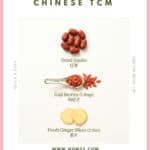 Dried jujube red dates, goji berries, fresh ginger slices, and osmanthus flowers for TCM jujube sleep tea recipe