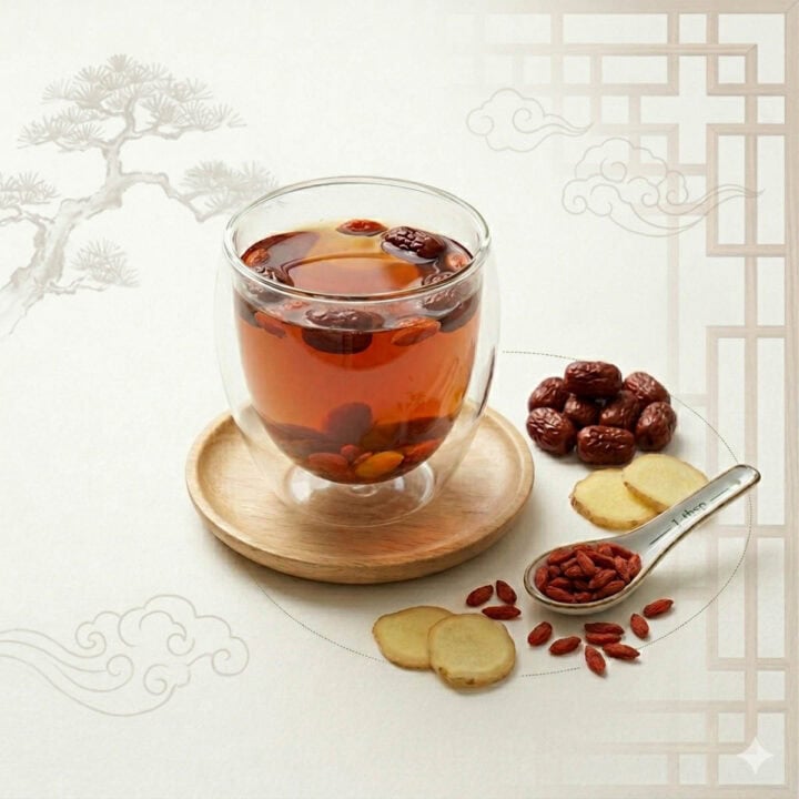 Jujube goji berry sleep tea in a double wall glass mug with dried red dates and goji berries on a dark wood surface, TCM herbal tea recipe