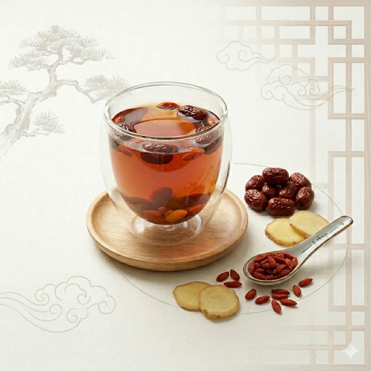 Jujube goji berry sleep tea in a double wall glass mug with dried red dates and goji berries on a dark wood surface, TCM herbal tea recipe