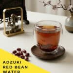 TCM red bean water 红豆水 in a glass cup with dried adzuki beans on a marble surface, daily medicinal drink inspired by The Best Thing 爱你 cdrama on nomss.com