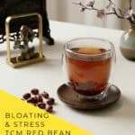 TCM red bean water 红豆水 in a glass cup with dried adzuki beans on a marble surface, daily medicinal drink inspired by The Best Thing 爱你 cdrama on nomss.com