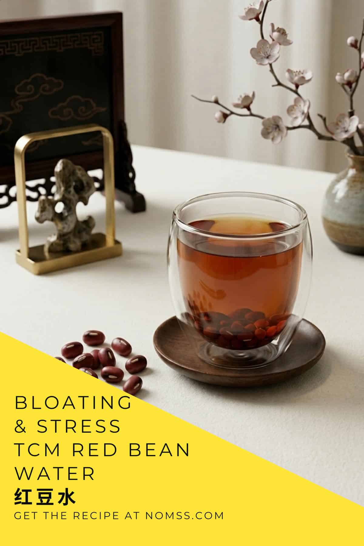 TCM red bean water 红豆水 in a glass cup with dried adzuki beans on a marble surface, daily medicinal drink inspired by The Best Thing 爱你 cdrama on nomss.com