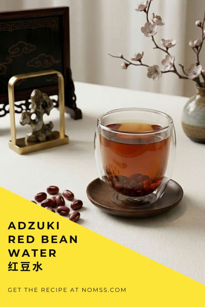 TCM red bean water 红豆水 in a glass cup with dried adzuki beans on a marble surface, daily medicinal drink inspired by The Best Thing 爱你 cdrama on nomss.com