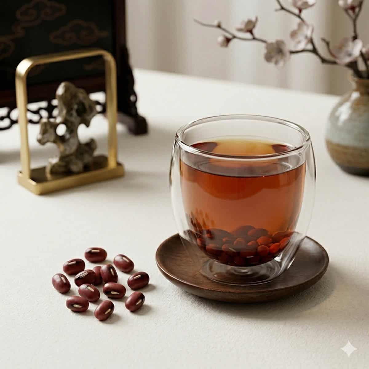 Dried 赤小豆 adzuki beans on a wooden board, the medicinal red bean variety used in TCM red bean water recipe nomss.com