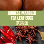 Five spice Chinese tea eggs 茶葉蛋 in a bowl surrounded by TCM marinade ingredients including star anise, cinnamon stick, and Chinese Angelica root, with text overlay reading five spice tea eggs, TCM inspired, gluten free adaptable.