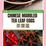 Step-by-step collage of soft boiled Chinese tea leaf eggs showing the cracked shell stage, the marinating stage, and the finished marbled egg sliced in half, with text overlay reading soft boiled Chinese tea leaf eggs recipe, sous vide, stovetop, Instant Pot.