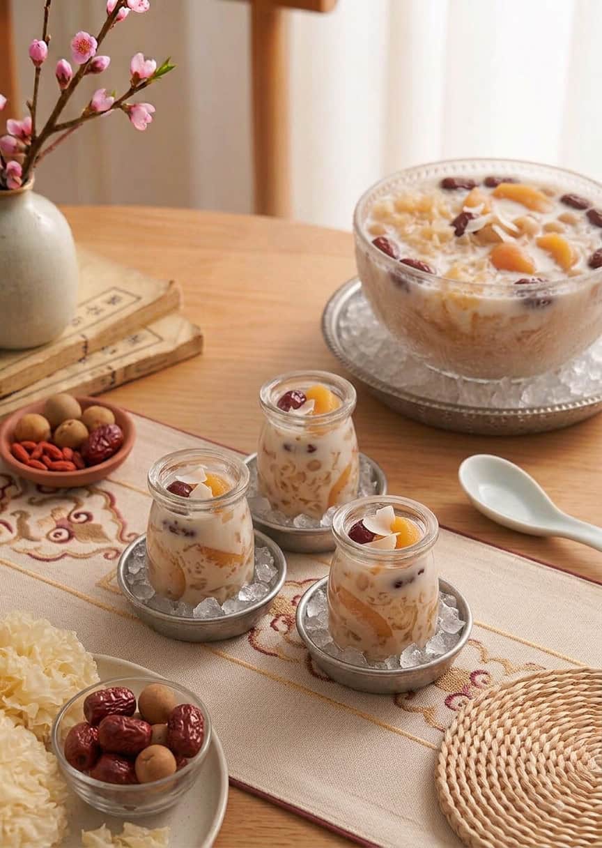 Meal Prep Chilled peach tremella dessert soup in glass bowl with osmanthus garnish for summer serving