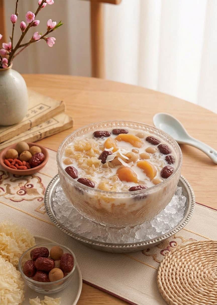Chilled peach tremella dessert soup in glass bowl with osmanthus garnish for summer serving
