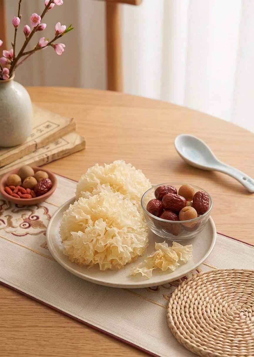 Soaked tremella expanded into translucent florets in glass bowl beside pitted red dates