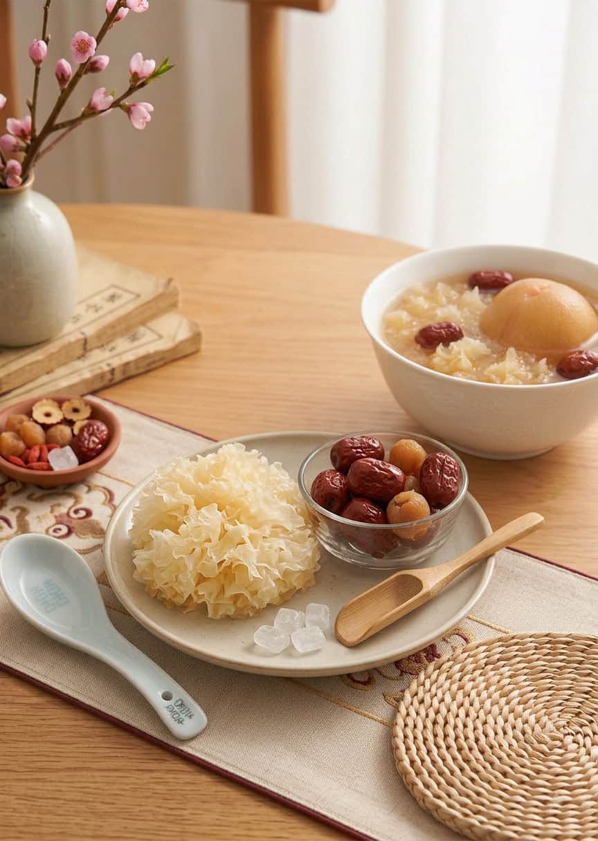 Soaked tremella expanded into translucent florets in glass bowl beside pitted red dates