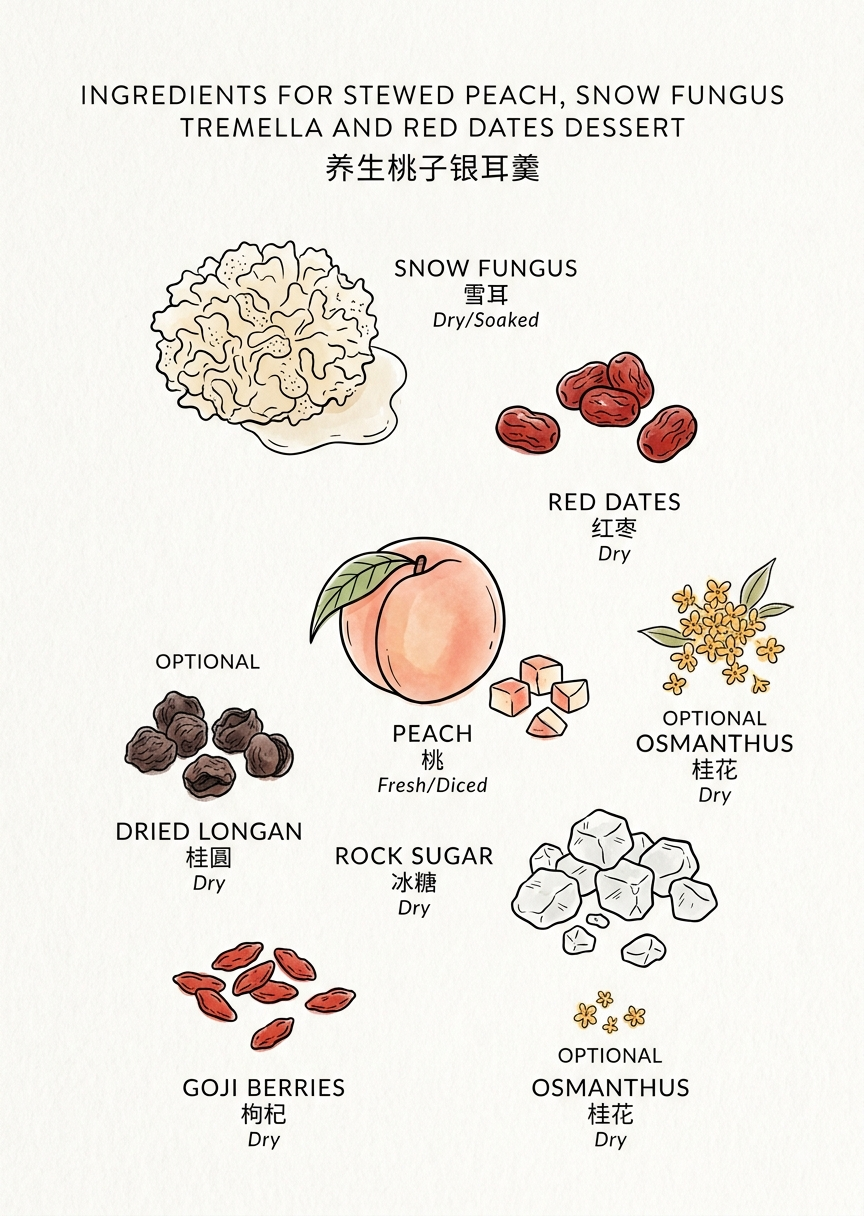 Stewed peach snow fungus red dates dessert soup diagram with goji berries and osmanthus flowers and dried longan