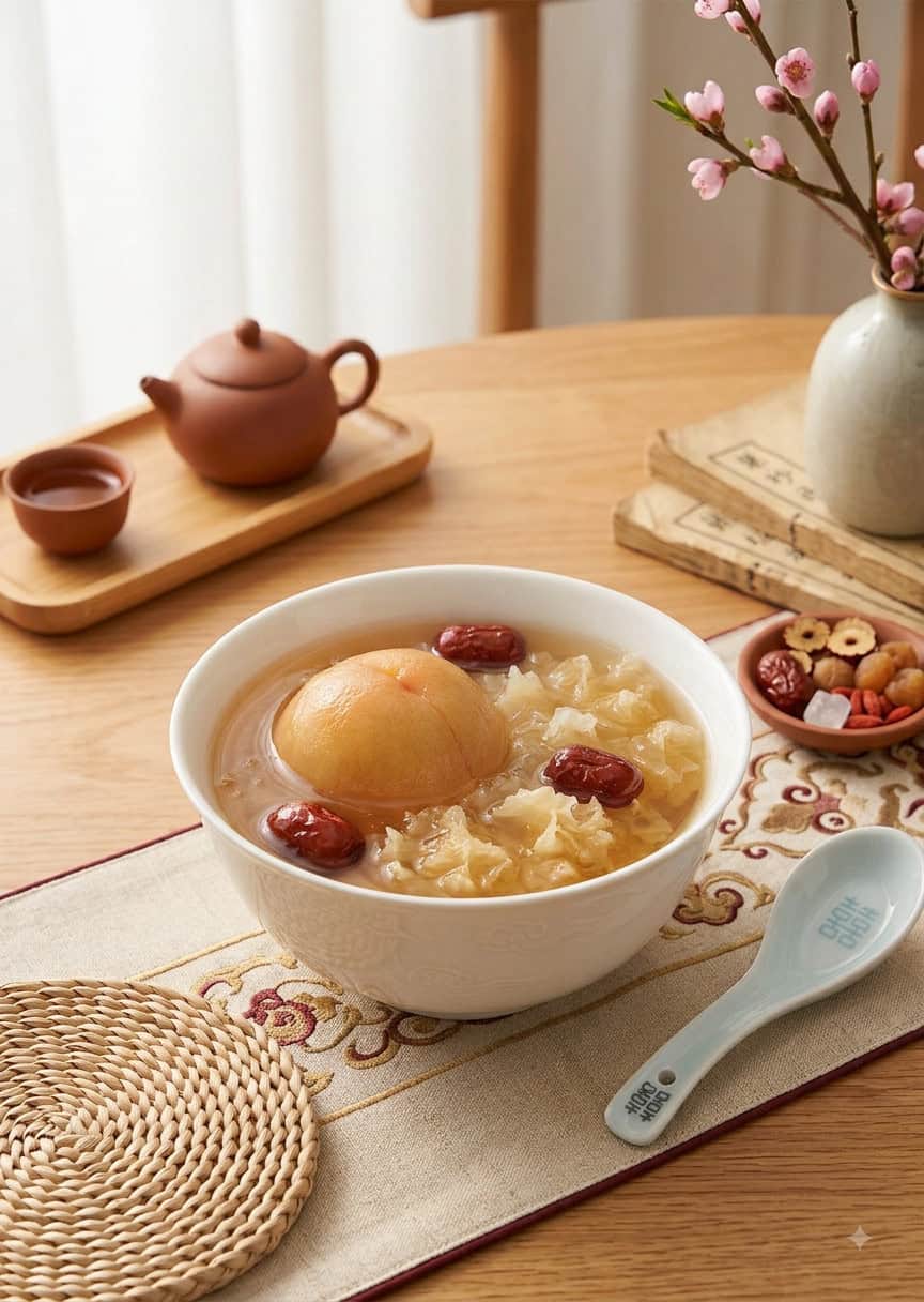 Fresh Okanagan yellow peaches sliced into wedges on wooden board for Chinese dessert soup