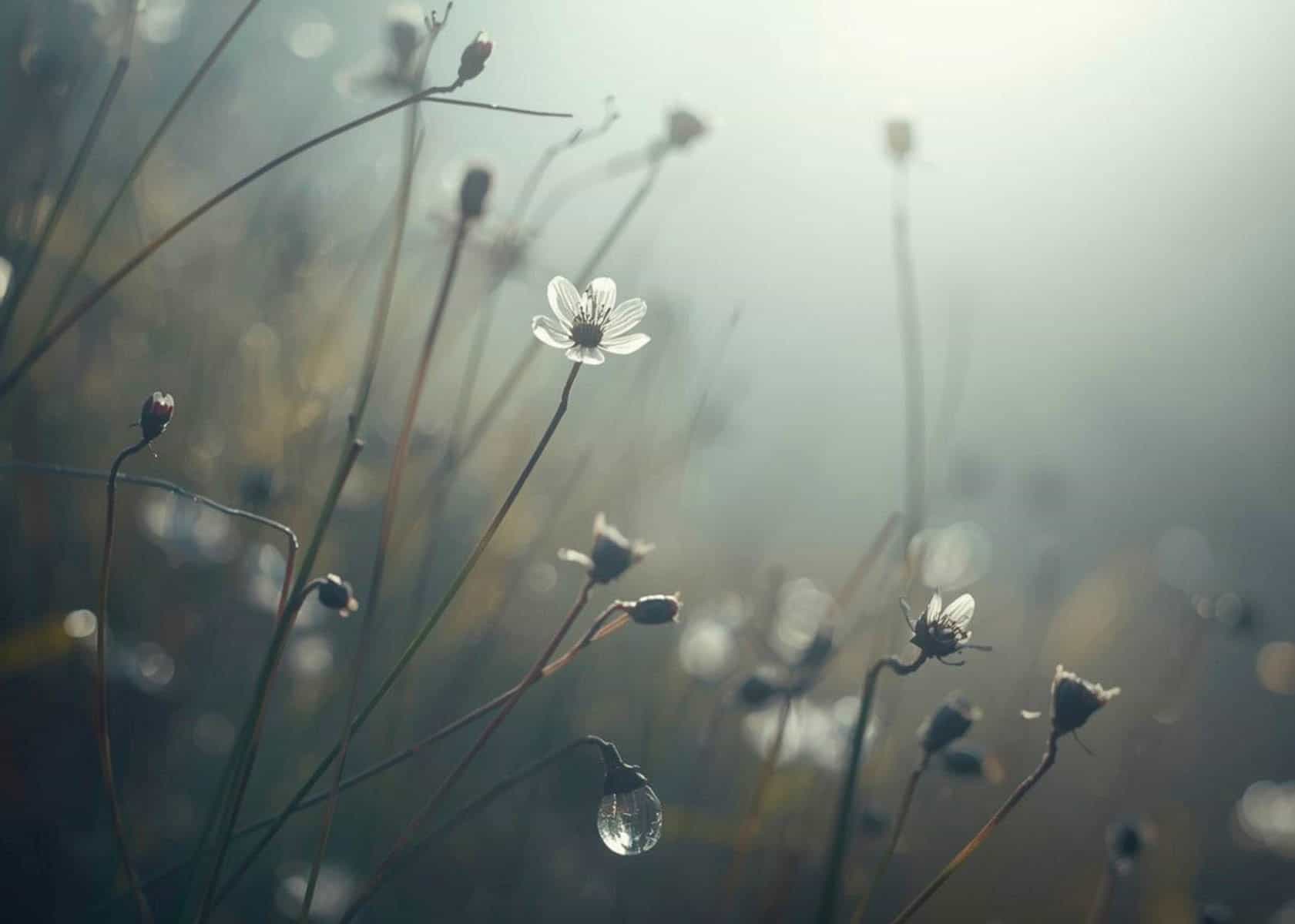 foggy misty morning with morning white dew on white flowers