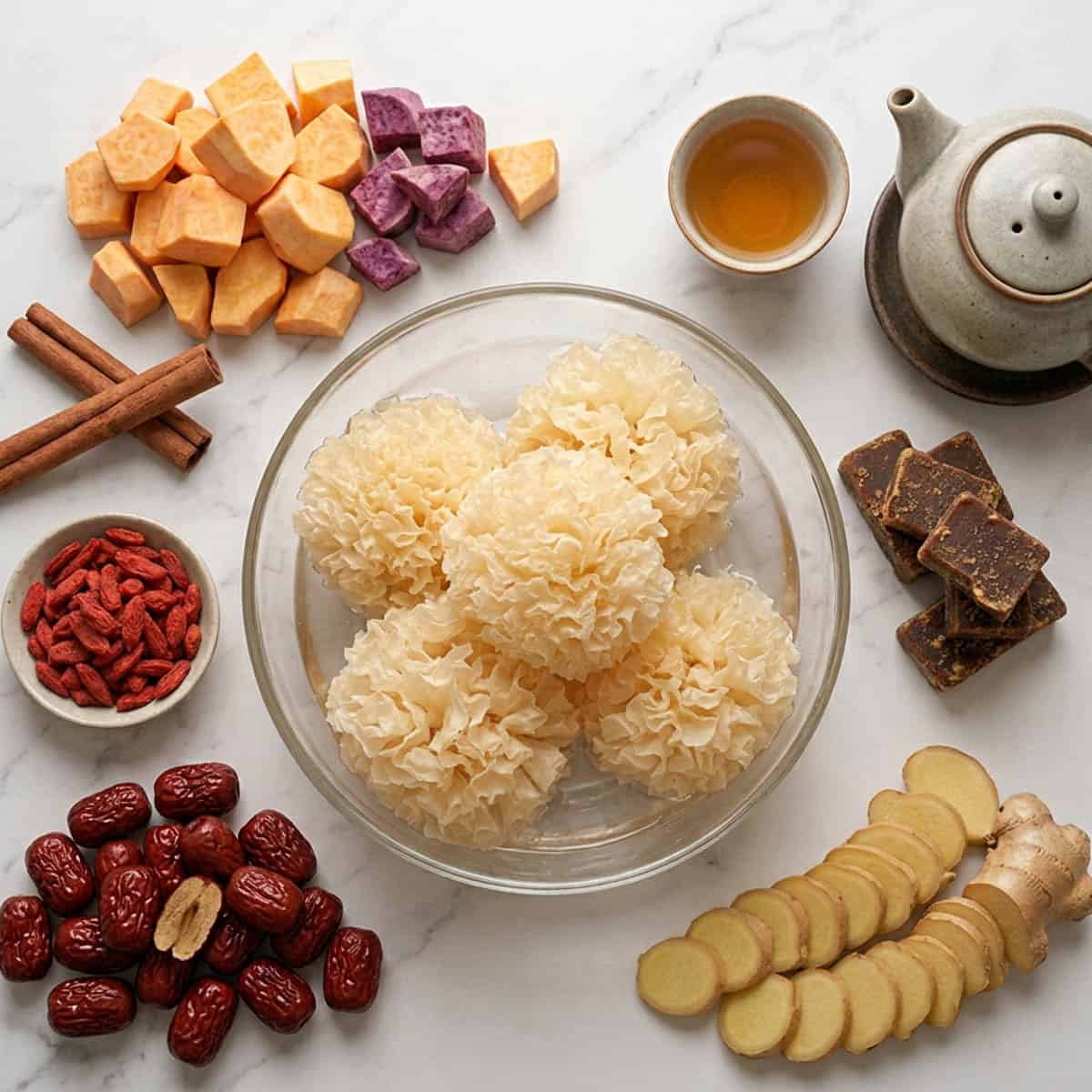 Dried snow fungus whole head pale ivory before soaking for Cantonese sweet potato tong sui