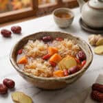 Soaked tremella florets expanded in glass bowl beside pitted red dates and goji berries