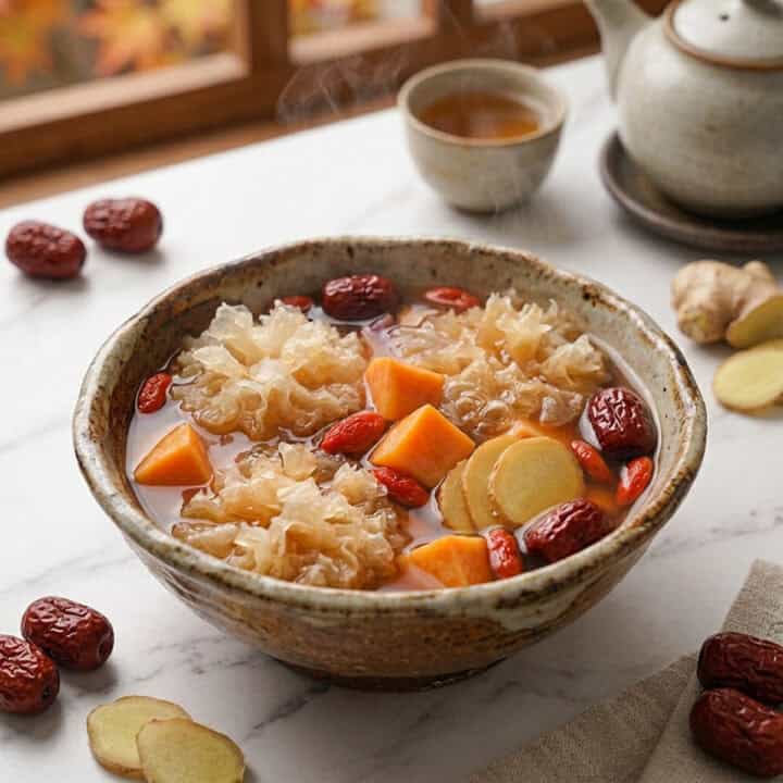 Soaked tremella florets expanded in glass bowl beside pitted red dates and goji berries