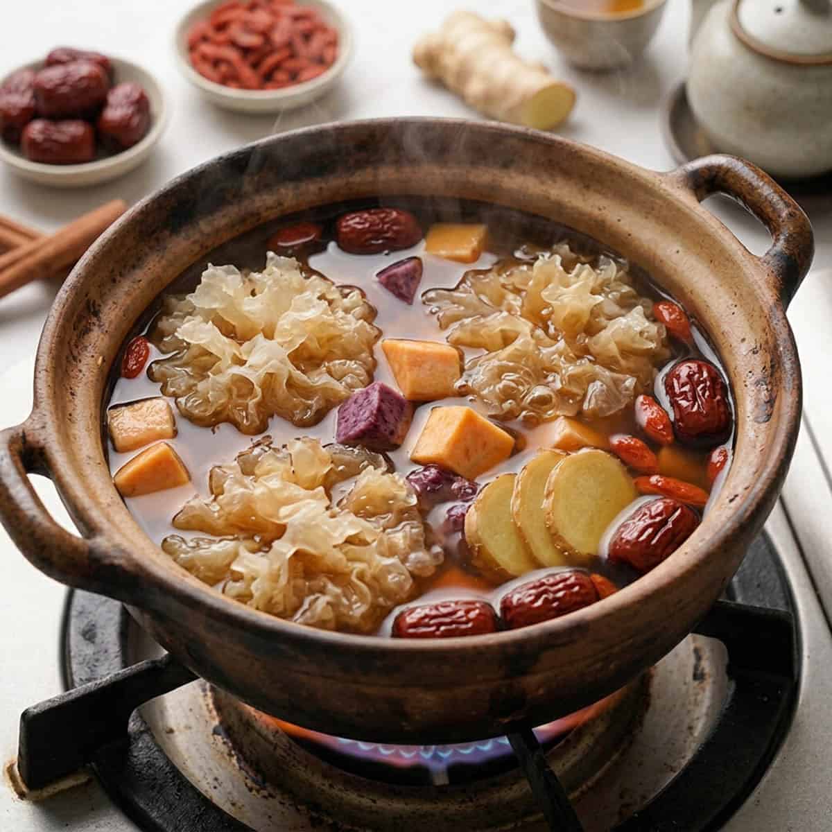 Sweet potato tremella dessert soup simmering in ceramic pot showing clear amber broth